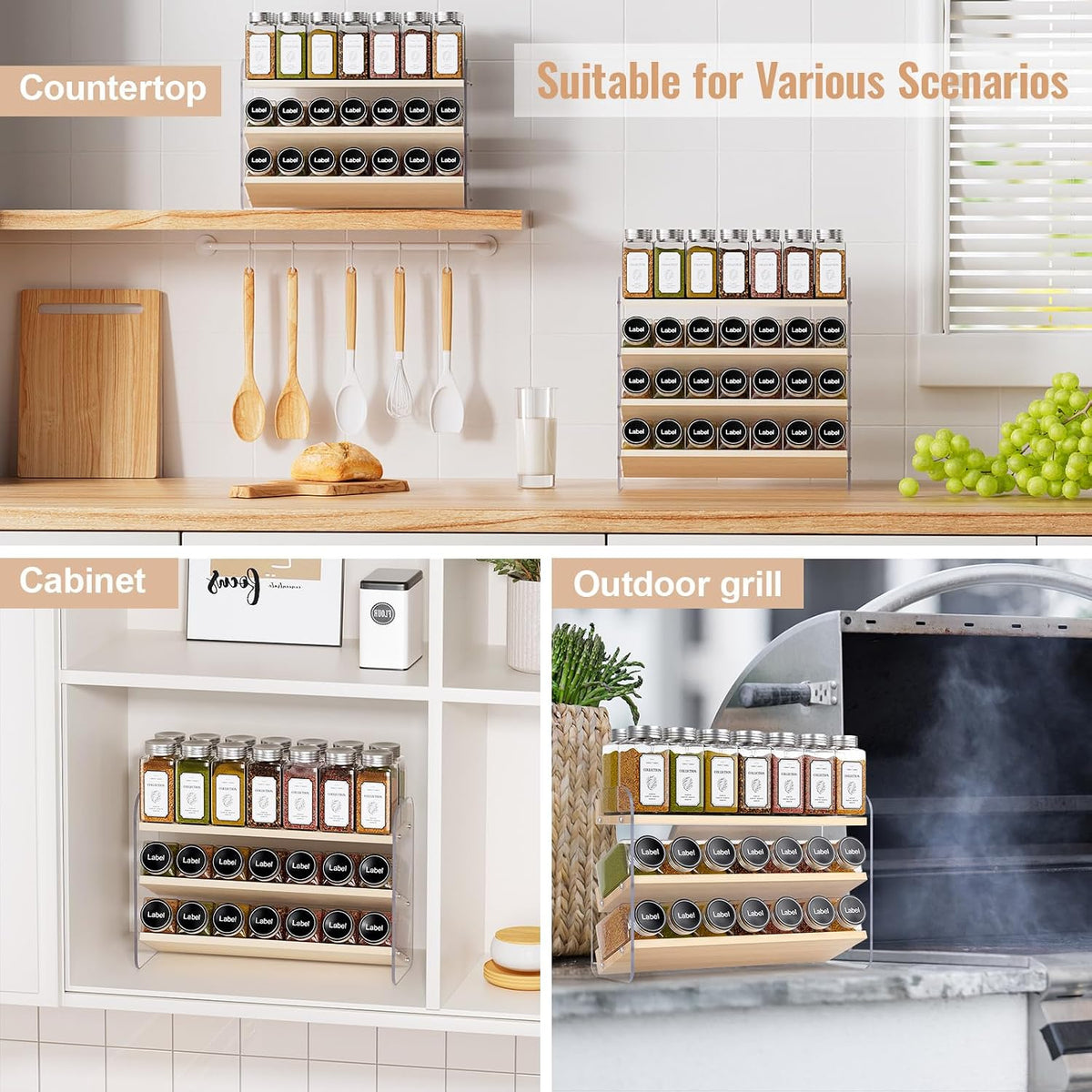 MUDEELA 4 Tier Spice Rack Organizer for Cabinet,Wooden Vertical Spice Shelf, Seasoning Organizer for Countertop, Kitchen, Pantry, Freestanding, 13.4" W × 11.2" H (No Jars Included), White