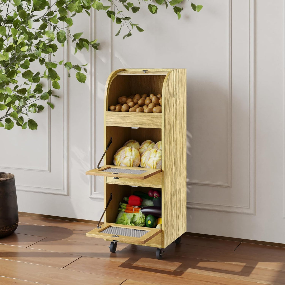 Movable Potato and Onion Storage Box with Wheels,Wooden Vegetable Storage Box,Food Storage Room with Grocery Area,Sliding Design,Modern Farmhouse Style，Suitable for Kitchen (potato bin-Walnut-02)