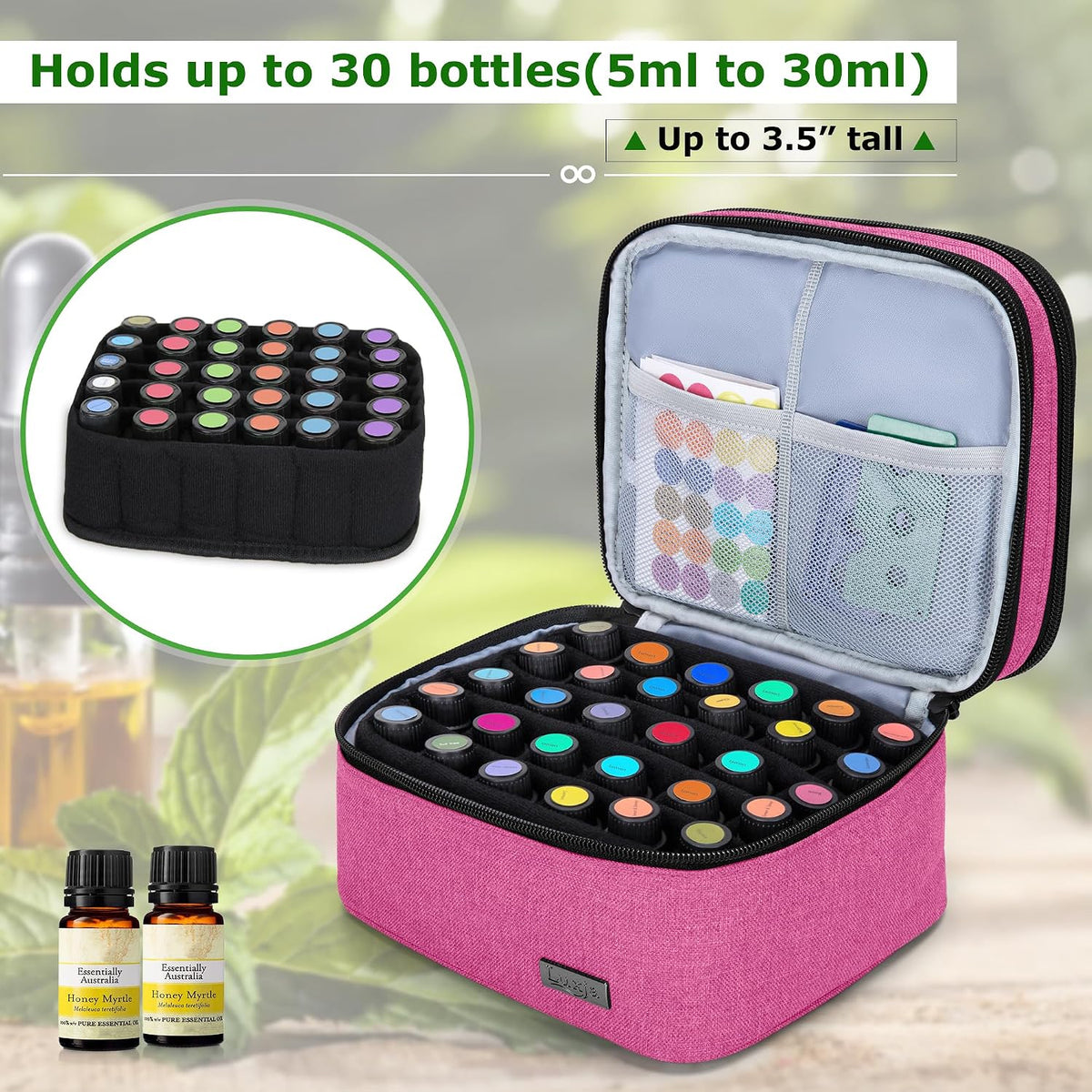 LUXJA Essential Oil Carrying Case - Holds 30 Bottles (5ml-30ml, Also Fits for Roller Bottles), Double-Layer Organizer for Essential Oil and Accessories, Black (Bag Only)