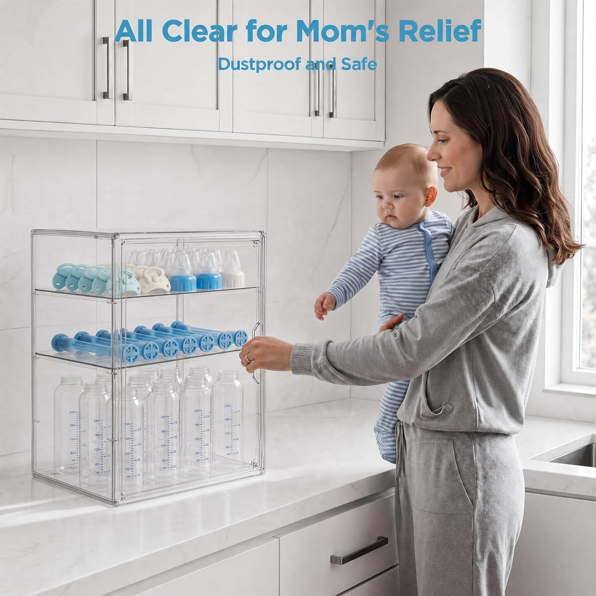 HBlife Baby Bottle Storage Organizer for Countertop Cabinet, 3 Tiers Adjustable Clear Acrylic Bottles Storage Station Case Box Container with 2 Removable Dividers and Magnetic Door, Large