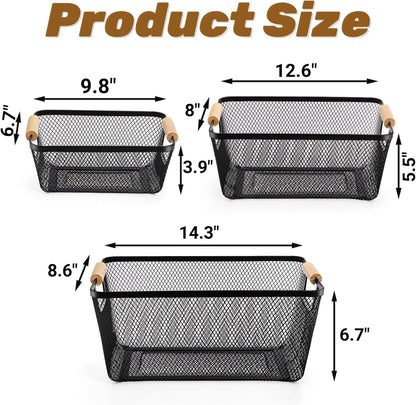 Noamus 3 Pack Metal Mesh Basket with Wooden Handle, Farmhouse Wire Steel Storage Bins, Rectangle Fruit Vegetable Organizer Containers for Home Cabinet Pantry Kitchen Decor, Snack Gift (Black, 3 Size)