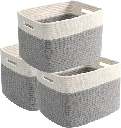 3 Pack Woven Rope Storage Baskets for Shelves,13.5"×11"×9.5" Storage Bins with Handles,Empty Gift Baskets,Nursery Organizer for Toys,Towels,Books,Closet,Living Room,Bedroom (White & Brown)