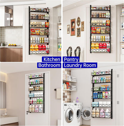 MIAOLI Over the Door Organizer, Black 6-Tier Pantry Door Organizer with Adjustable Basket, Hanging Spice Rack Cabinet Door Shelves, Laundry Room Organization and Storage