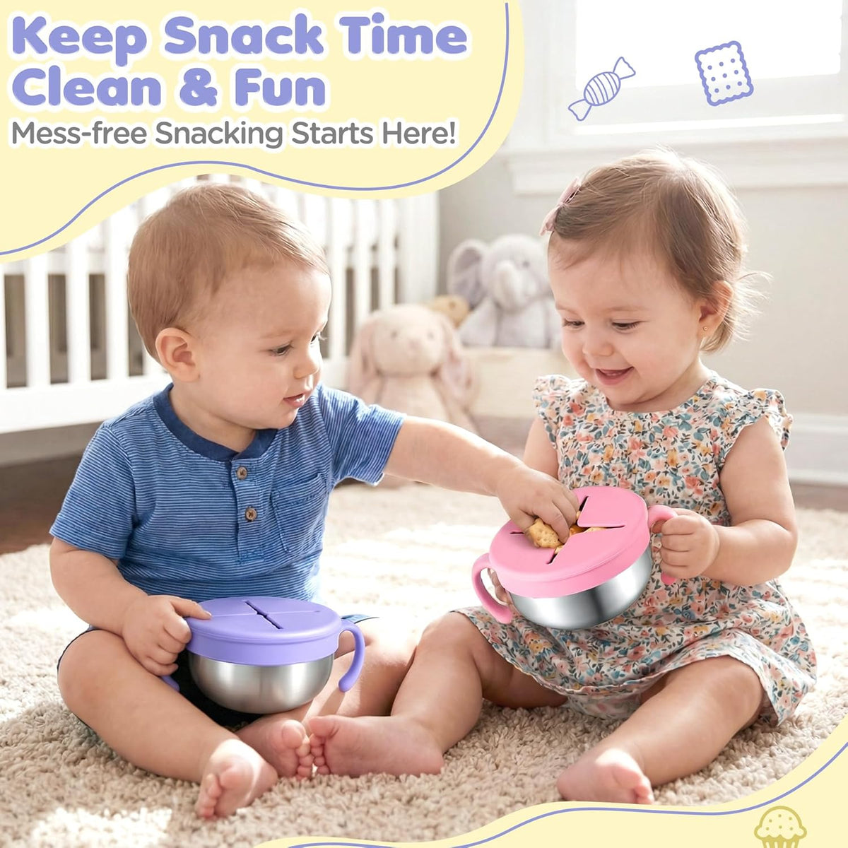 Snack Cups, 2 Pack Stainless Steel Toddler Snack Containers, Spill-Proof Snack Bowls, Silicone Removable Lids & Handles, Food Storage Containers, Dishwasher Safe Snack Container, Baby Shower Gifts