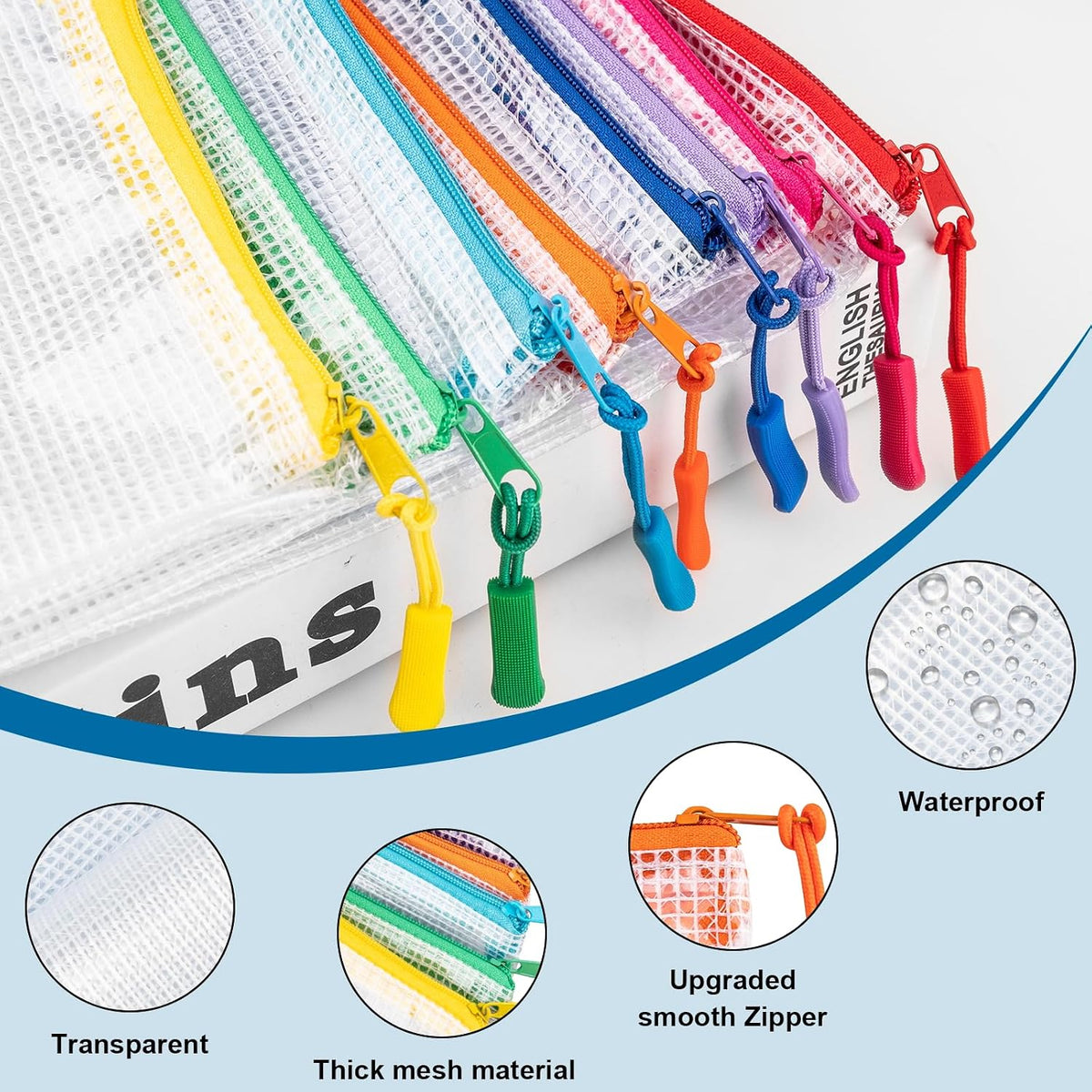 24 Pcs Mesh Zipper Pouch Bags, Plastic Zipper Pouches for Classroom in 8 Sizes, Waterproof Mesh Zipper Bags for Organizing, Clear Zipper Pouches for Organizing, Travel, Office Supplies