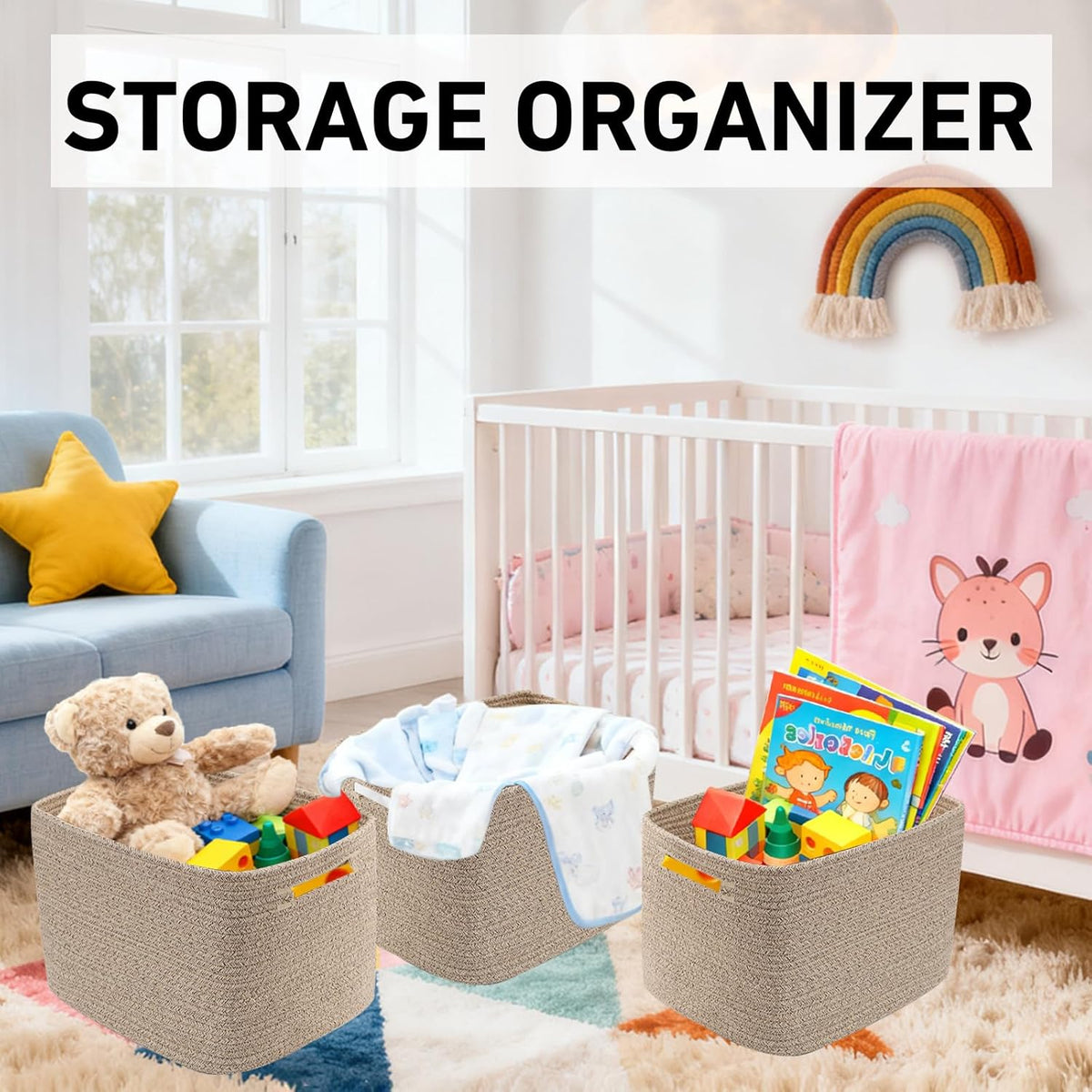 3 Pack Woven Rope Storage Baskets for Shelves,13.5"×11"×9.5" Storage Bins with Handles,Empty Gift Baskets,Nursery Organizer for Toys,Towels,Books,Closet,Living Room,Bedroom (White & Brown)