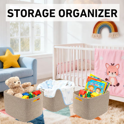 3 Pack Woven Rope Storage Baskets for Shelves,13.5"×11"×9.5" Storage Bins with Handles,Empty Gift Baskets,Nursery Organizer for Toys,Towels,Books,Closet,Living Room,Bedroom (White & Brown)