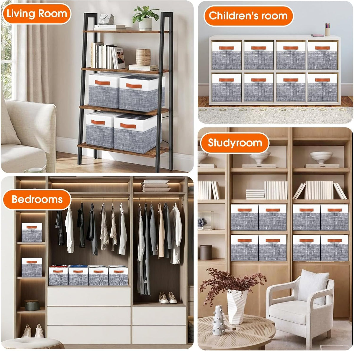 Fab totes Collapsible Storage Baskets for Shelves,14"x10", Foldable Fabric Storage Bins with Double Leather Handles, Large Baskets for Organizing Books, Clothes, White & Grey
