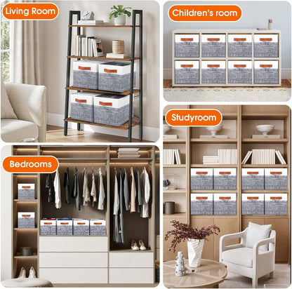 Fab totes Collapsible Storage Baskets for Shelves,14"x10", Foldable Fabric Storage Bins with Double Leather Handles, Large Baskets for Organizing Books, Clothes, White & Grey