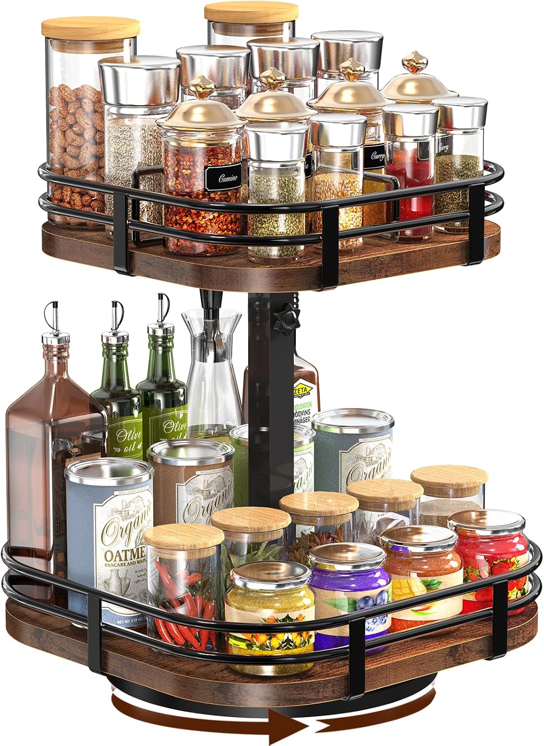 12" Large Lazy Susan Turntable Organizer Adjustable - Rotating Spice Rack for Table Top, 2 Tier Wood Spice Cabinet Organizer for Pantry Kitchen Countertop Coffee Bar Cupboard Bathroom Vanity Storage