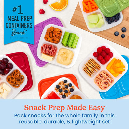 Bentgo Easyboxes 4-Compartment Snack Containers - 8-Piece Set with 4 Trays & 4 Custom-Fit Lids to Seal in Freshness - Reusable Food Storage & Meal Prep Bento BPA-Free Containers (Brights 4-Pack)