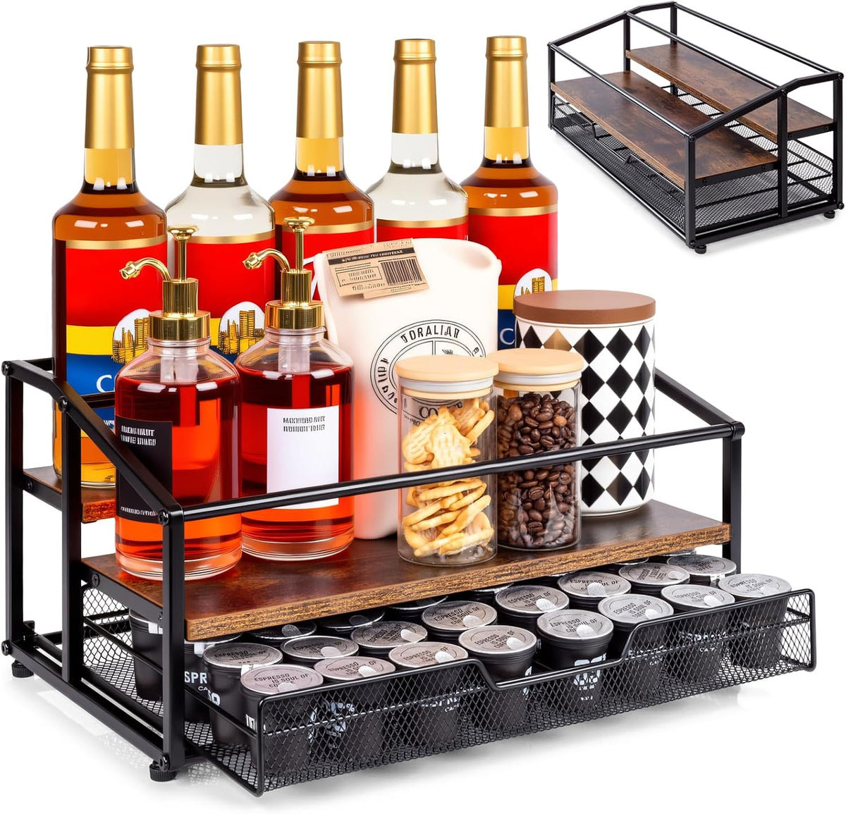 kimilus Coffee Syrup Rack Organizer, 4-Tier 12 Bottle Syrup Rack with 35 K Cup Drawer for Coffee Bar, Countertop Bottle Holder Stand for Dressing for Kitchen Cafe Station