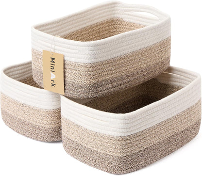MiniArk Small Storage Baskets for Organizing | Closet Organizer Bins | Shelf Toy Basket | Woven Rope Baskets | Cube Decorative Box | Shallow Basket | L11.5xW7.5xH4.7| Brown