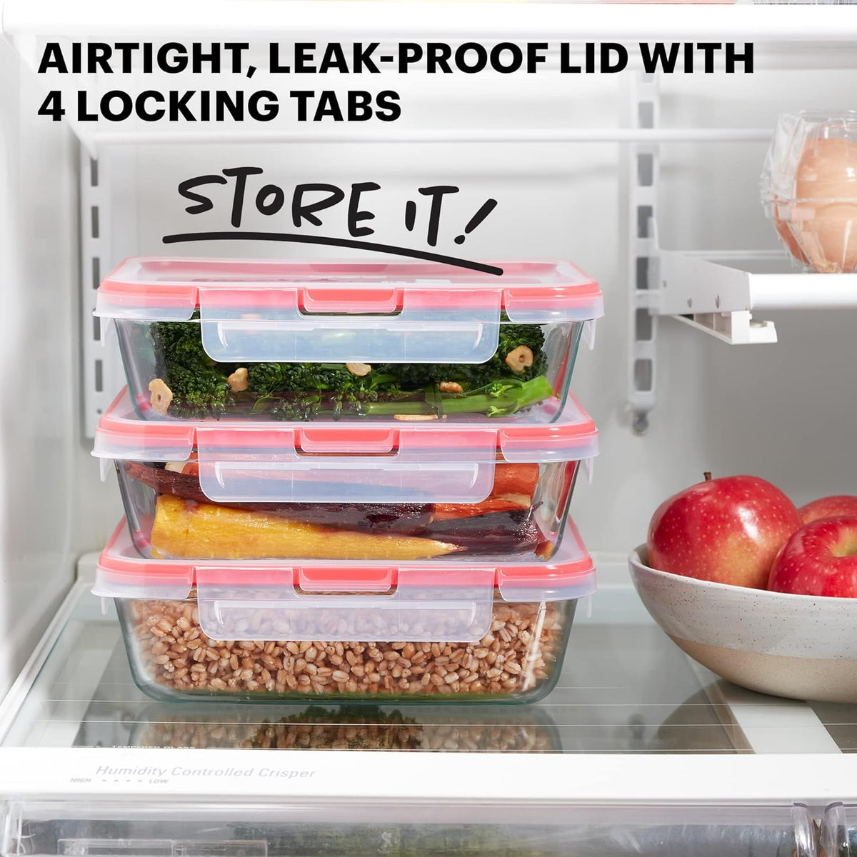 Pyrex Freshlock (4 Cup) Glass Food Storage Containers Set, Airtight & Leakproof Plastic Locking Lids BPA-Free, Meal Prep Containers Set, Freezer Dishwasher Microwave Safe