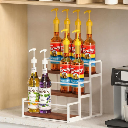 THYGIFTREE Coffee Syrup Rack Organizer 2-Tier 10 Syrup Bottles Holder Stand Metal with Wood Base for Coffee Bar Storage Shelves for Kitchen Countertop Matte Black