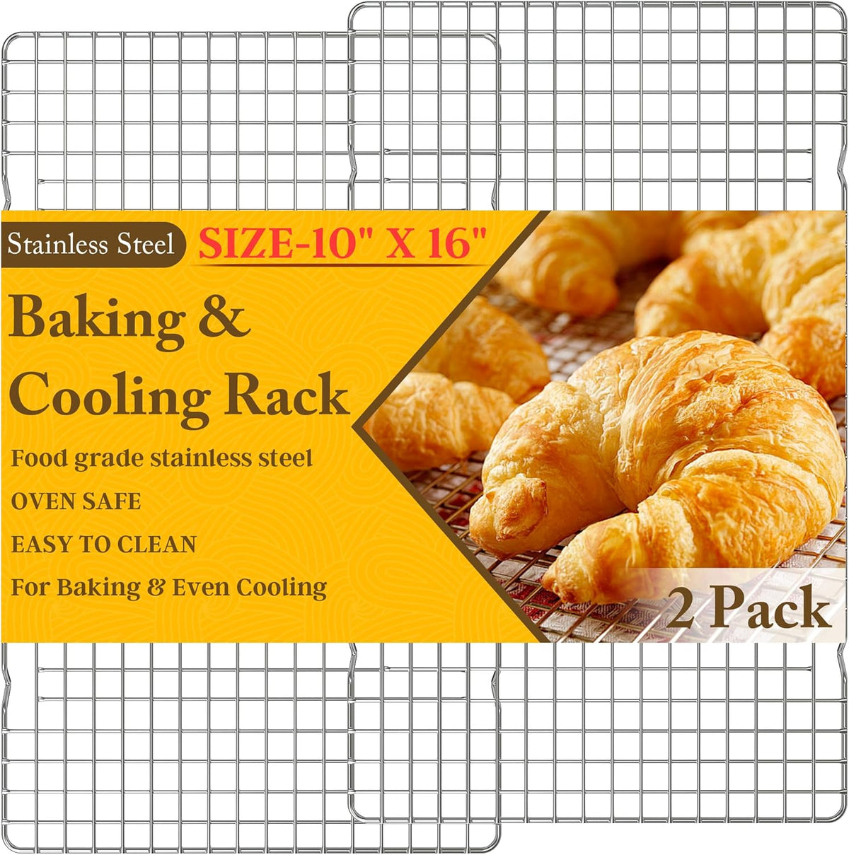 2PCS Cooling Racks for Cooking and Baking - 10" x 15"Heavy Duty Stainless Steel Wire Rack for Baking, Grilling, Roasting - Oven & Dishwasher Safe - Fits Jelly Roll Sheet Pan-Silver