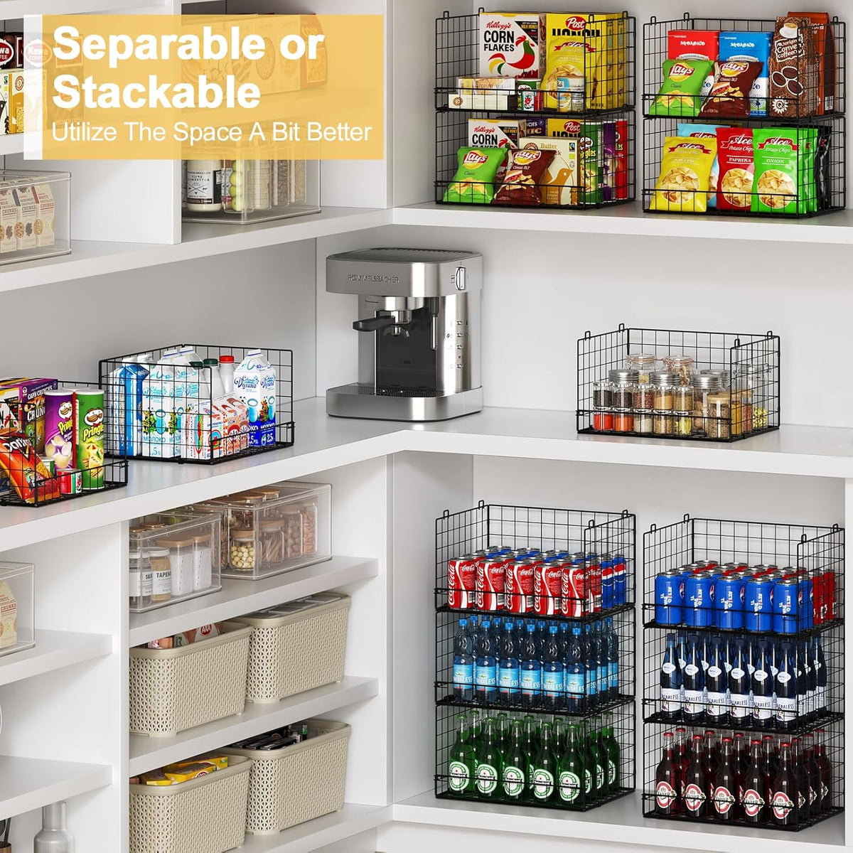 4 Pack Stackable Wire Baskets for Pantry Organizers and Storage, Pantry Baskets with Fixed Wooden Top, Fruit and Vegetable Storage Bins for Organizing Onion Potato Snack for Kitchen Cabinet/Countertop