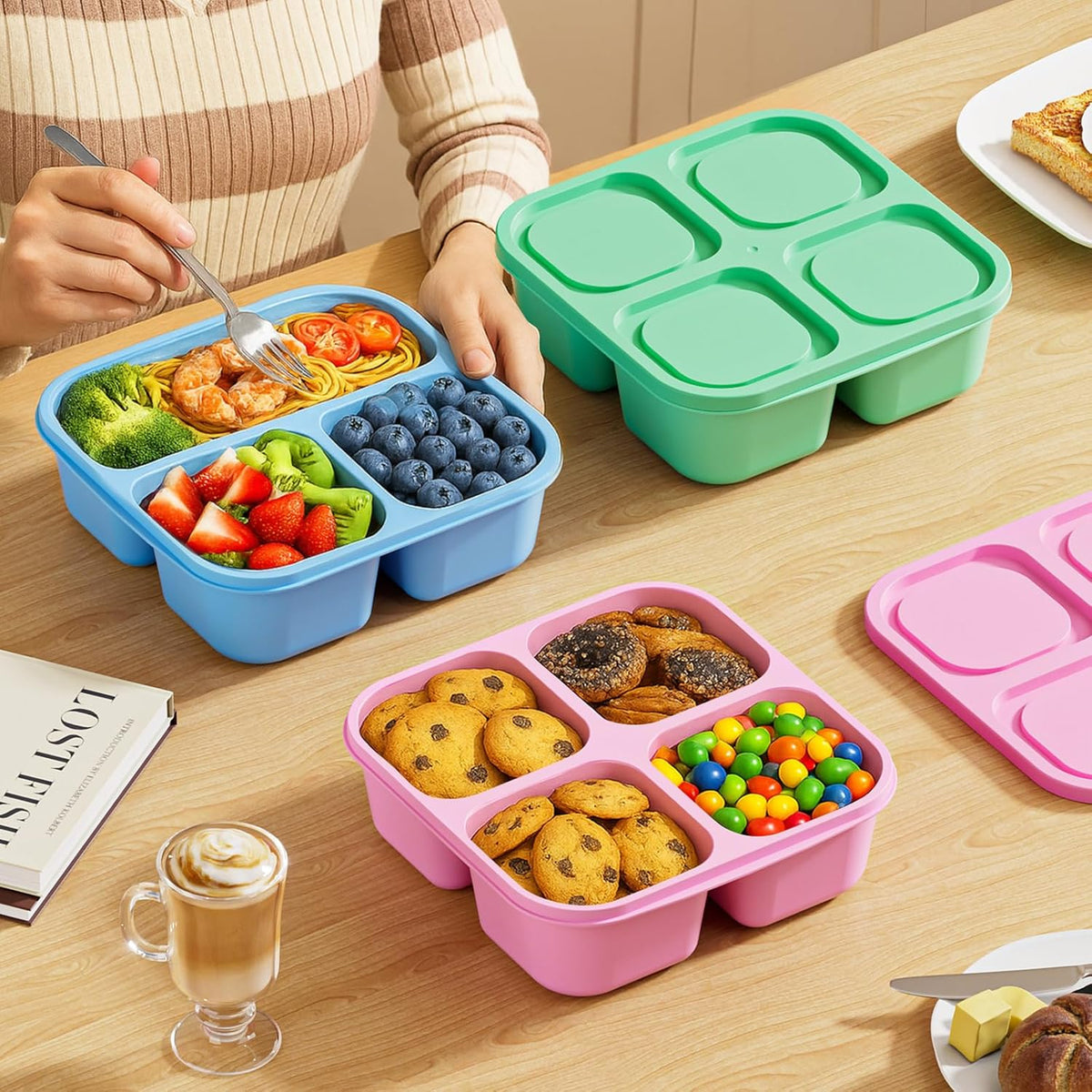 Canfanni 6 Pcs Snack Box Container Set, Reusable 3&4 Compartment Meal Prep Snack Containers for Adults Kids Toddler, BPA-Free Divided Lunchable Container for School, Work and Travel (5 Color)