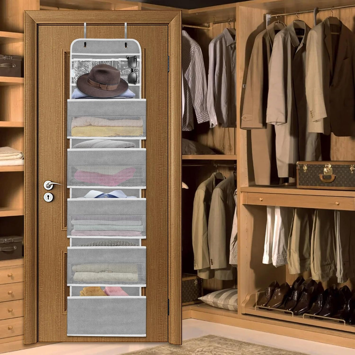 Over The Door Organizer with LifetimeWarranty, 4 Shelves & 4 Side Pockets, Large Storage Rack Holds 44lb, Heavy-Duty Reinforced Mesh Shelf for Bathroom, Closet, Toy Organization, Shoes, Towels, Grey