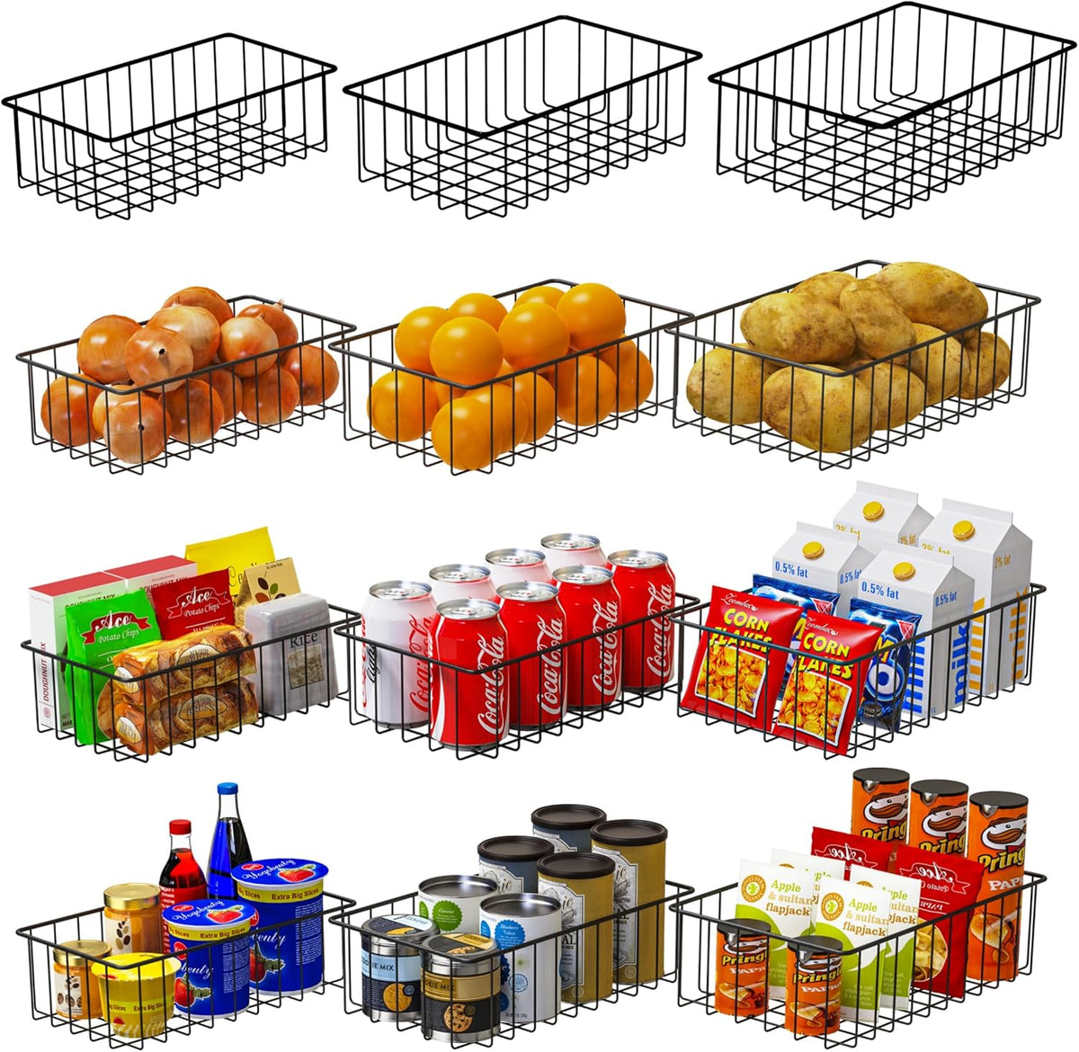 Joben Oligey 12 PACK (3 Szie) Small Wire Storage Baskets for Organizing,Pantry Organization Bins for Cabinets, Metal Basket for Kitchen, Bathroom Organizer (Black)