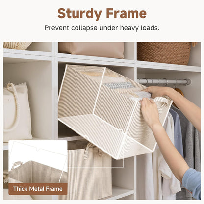 StorageWorks Storage Bins, Shelves Baskets for Organizing, Fabric Closet Organizers with Handles, Metal Frame, Beige-Cotton-linen, 2-Pack