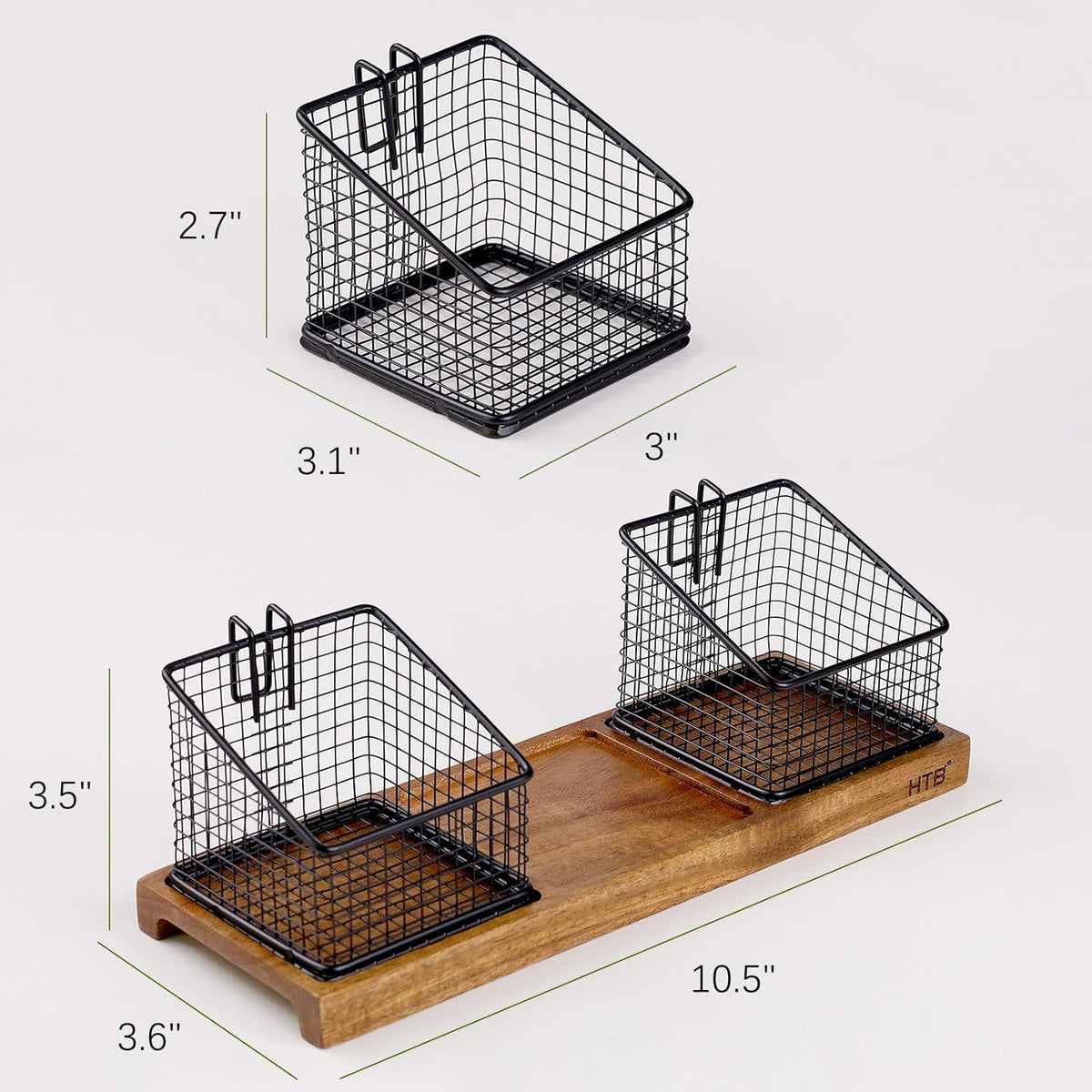 HTB 2 Tier Tea Organizer for Tea Bags, Tea Bag Holder with Acacia Wood Stand and 6 Removable Metal Basket for Sugar Packets, Sweeteners, Creamers for Cabinet, Countertop or Wall-mounted
