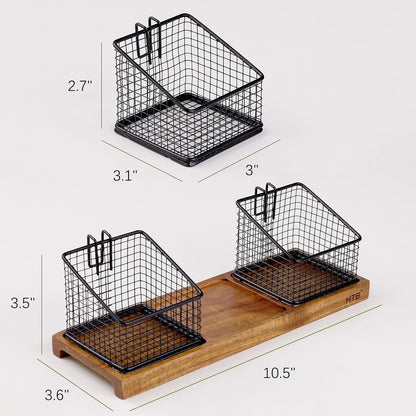 HTB 2 Tier Tea Organizer for Tea Bags, Tea Bag Holder with Acacia Wood Stand and 6 Removable Metal Basket for Sugar Packets, Sweeteners, Creamers for Cabinet, Countertop or Wall-mounted