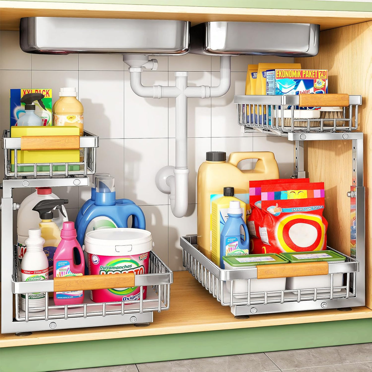 Kitstorack Under Sink Organizer, 2 Tier Under the Sink Storage, Slide out Pull out Cabinet Organizer Shelf, Metal Sliding Drawer for Kitchen Bathroom Pantry Closet Organization Rack, Black