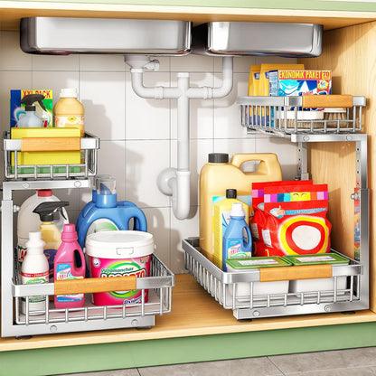 Kitstorack Under Sink Organizer, 2 Tier Under the Sink Storage, Slide out Pull out Cabinet Organizer Shelf, Metal Sliding Drawer for Kitchen Bathroom Pantry Closet Organization Rack, Black