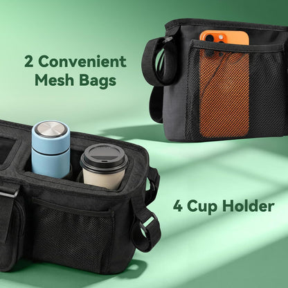 Guiseapue Universal Stroller Organizer with Cup Holder: Baby Essentials, Stroller Caddy Accessories with Detachable Phone Bag, Non-Slip Straps, Fits for Uppababy, Baby Jogger, New Moms Baby Gifts