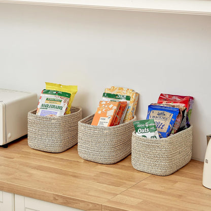 R RUNKA Small Cotton Rope Basket – Storage Bin for Organizing (10.6" x 6.7" x 6.7"), Bathroom Storage Basket for Shelf, Counter & Closet（Beige）
