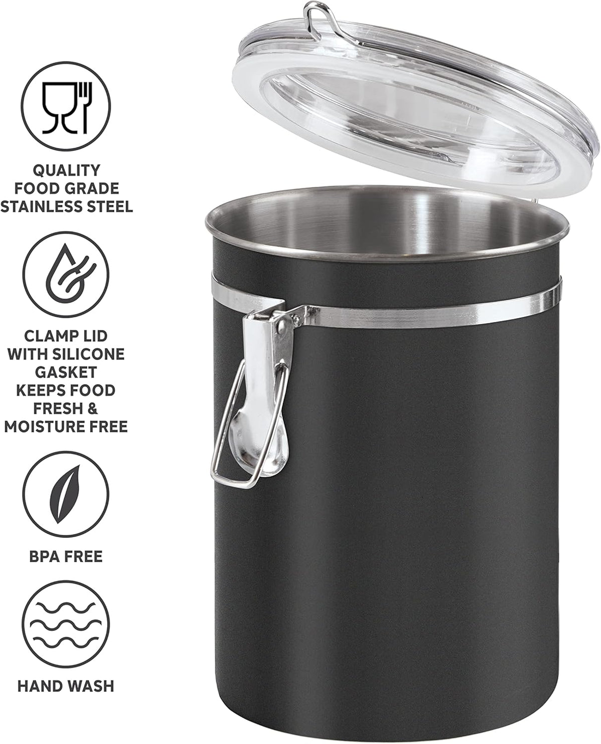 Oggi Stainless Steel Kitchen Canister 152 fl oz - Airtight Clamp Lid, Clear See-Thru Top - Ideal for Kitchen Storage, Food Storage, Pantry Storage. Jumbo Size 8" x 8".