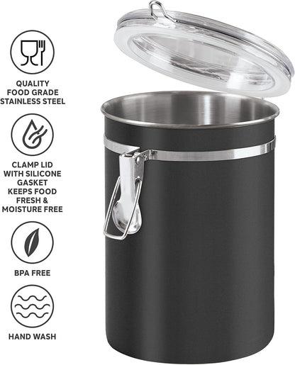 Oggi Stainless Steel Kitchen Canister 152 fl oz - Airtight Clamp Lid, Clear See-Thru Top - Ideal for Kitchen Storage, Food Storage, Pantry Storage. Jumbo Size 8" x 8".