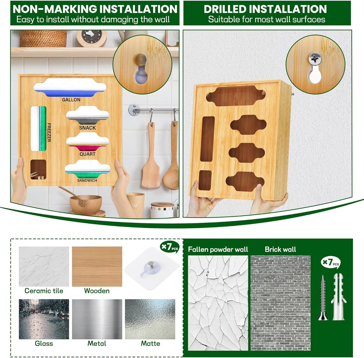 Sandwich Bag & Organizer, Aluminum Foil & Plastic Wrap Cutter, Bamboo Drawer Storage for Gallon, Quart Bags & 12" Rolls (9 in 1)