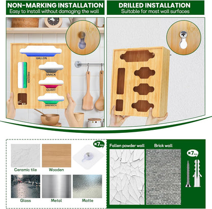 Sandwich Bag & Organizer, Aluminum Foil & Plastic Wrap Cutter, Bamboo Drawer Storage for Gallon, Quart Bags & 12" Rolls (9 in 1)