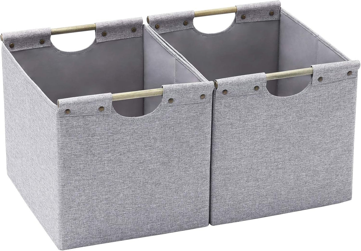 HOONEX Large Collapsible Storage Bins, Linen Fabric, Pack of 2, Storage Baskets with Wooden Carry Handles and Sturdy Heavy Cardboard, for Home, Office, Car, Nursery, Black