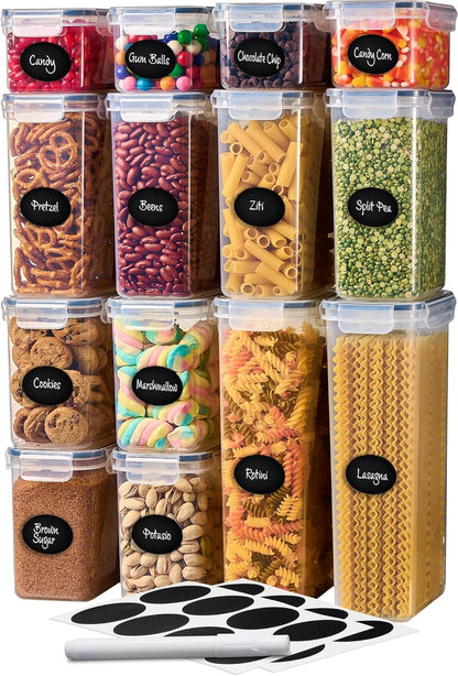 DWËLLZA KITCHEN Airtight Food Storage Container Set - 8 Pieces 1.4L - Plastic BPA Free Kitchen Pantry Storage Containers with Lids - Dishwasher Safe - Include 8 Labels - Keeps Food Fresh & Dry