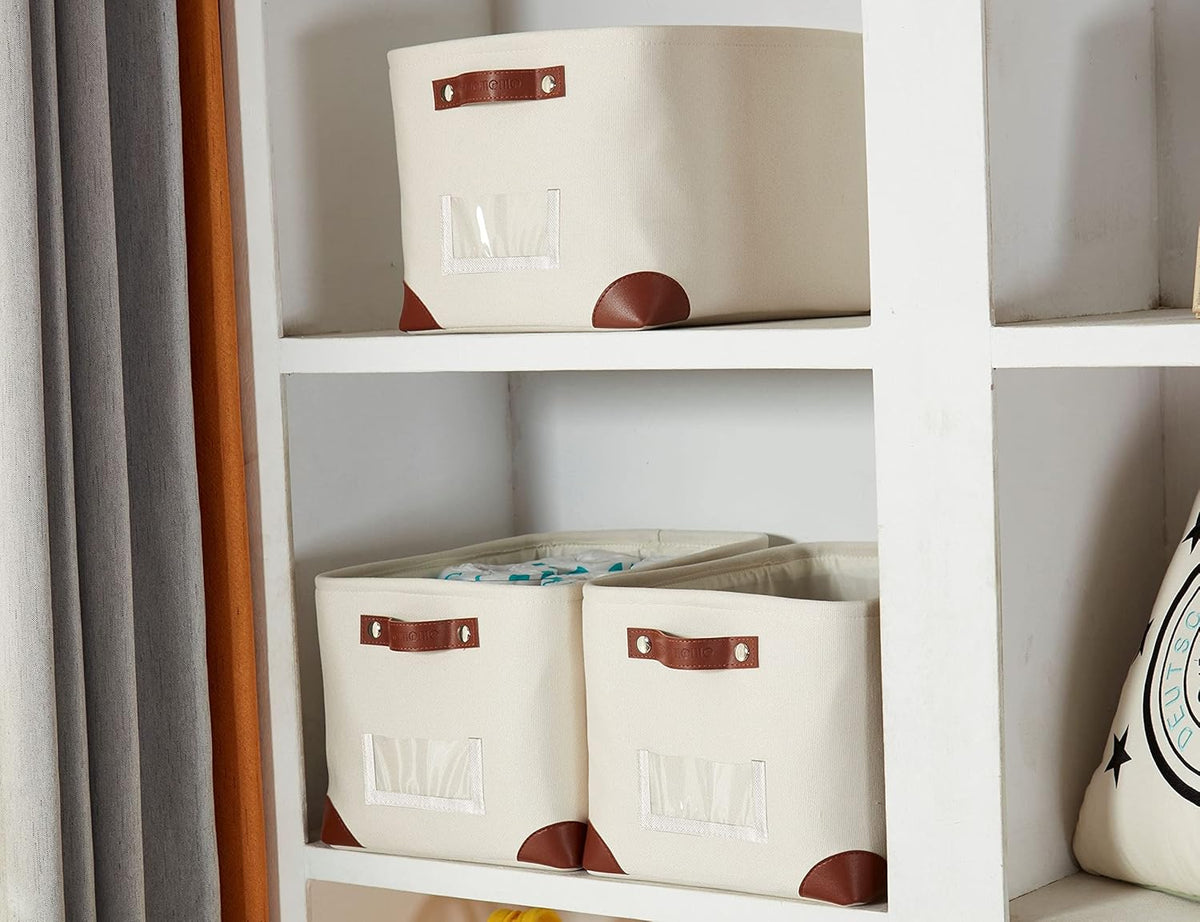 DECOMOMO Storage Bins, Large Fabric Storage Baskets for Shelves, Decorative Linen Closet Organizer, 15 x 11 x 9.5 inches (Beige & White, 3 Pack)