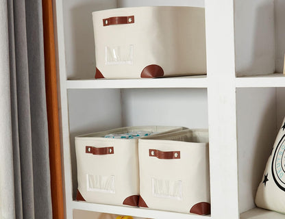 DECOMOMO Storage Bins, Large Fabric Storage Baskets for Shelves, Decorative Linen Closet Organizer, 15 x 11 x 9.5 inches (Beige & White, 3 Pack)