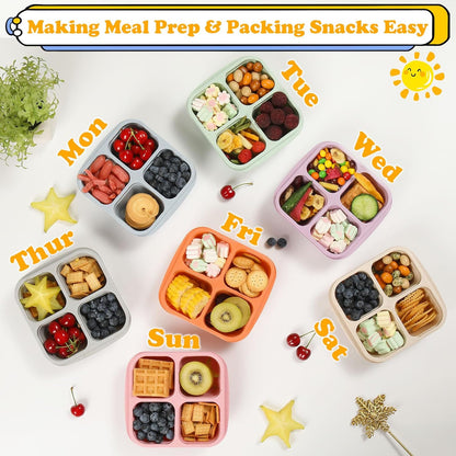 Snack Containers, 4 Compartment Snack Box Containers Bento Box, Reusable Meal Prep Lunch Containers for Adults Kids Toddler, Divided Food Containers for Travel Work School