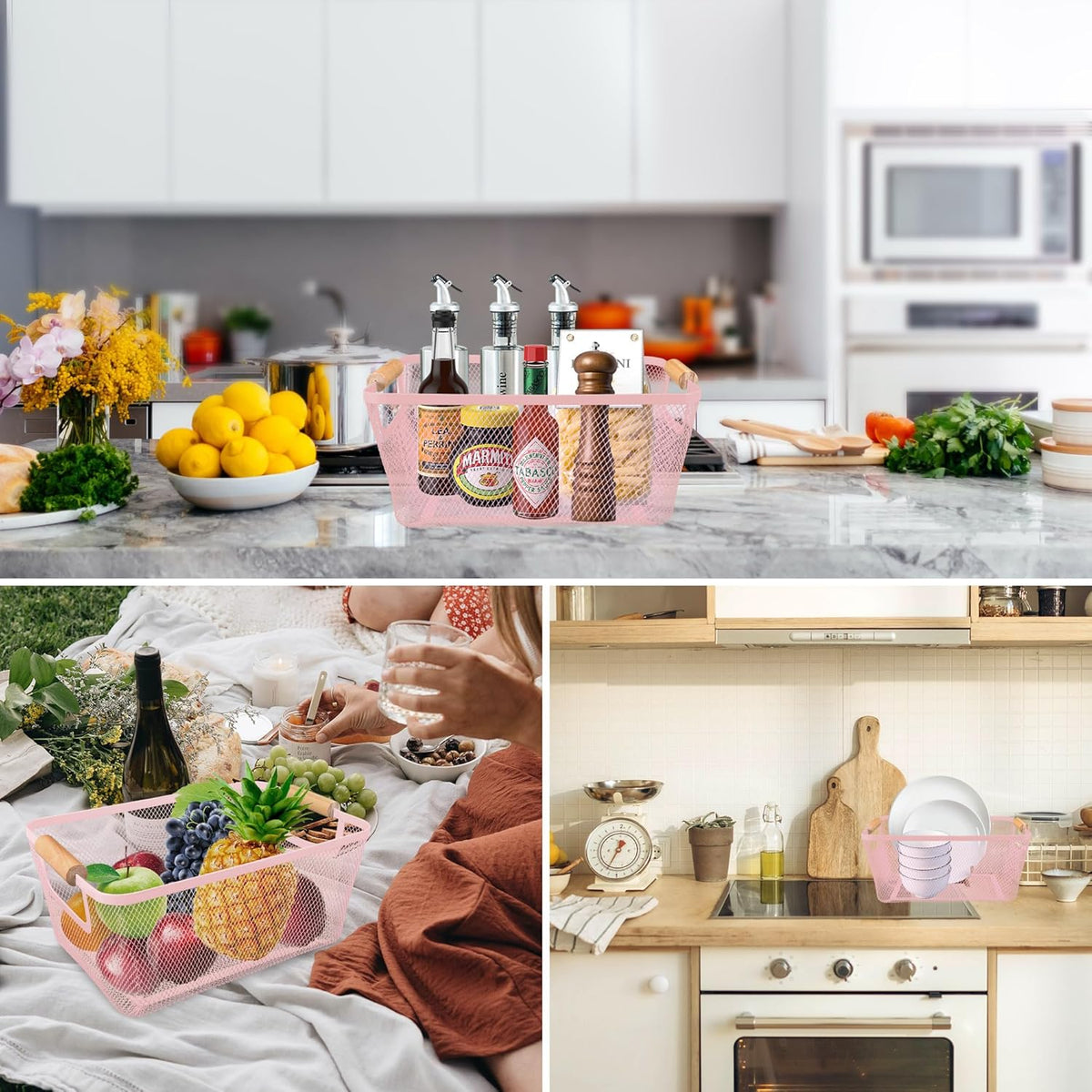 2 Pack 12" Wide Metal Mesh Baskets with Bamboo Handles for Pantry Organization | Wire Storage Bins for Kitchen, Cabinet, Fruit & Snacks | Decorative Farmhouse Style Organizer