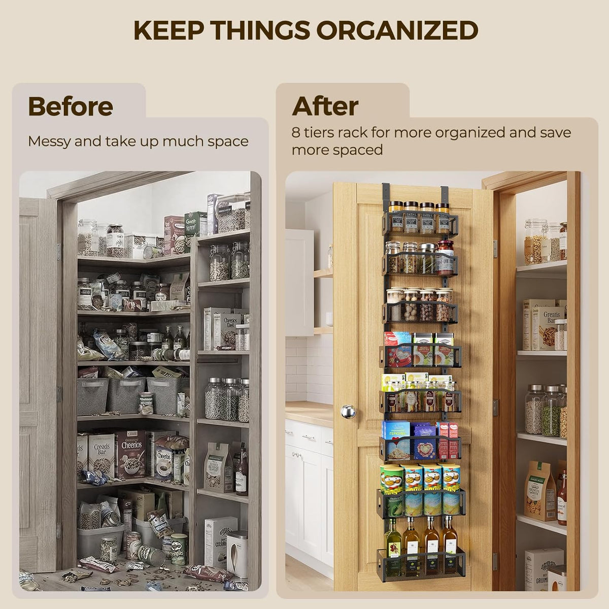 Delamu 8 Tier Over the Door Pantry Organizer, 2in1 Hanging or Wall Mount Spice Rack Seasoning, Adjustable Heavy-Duty Narrow Pantry Door Organizer and Storage for Kitchen Cabinet and Bathroom,12" White
