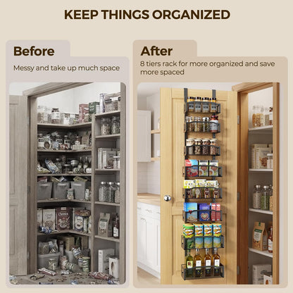 Delamu 8 Tier Over the Door Pantry Organizer, 2in1 Hanging or Wall Mount Spice Rack Seasoning, Adjustable Heavy-Duty Narrow Pantry Door Organizer and Storage for Kitchen Cabinet and Bathroom,12" White