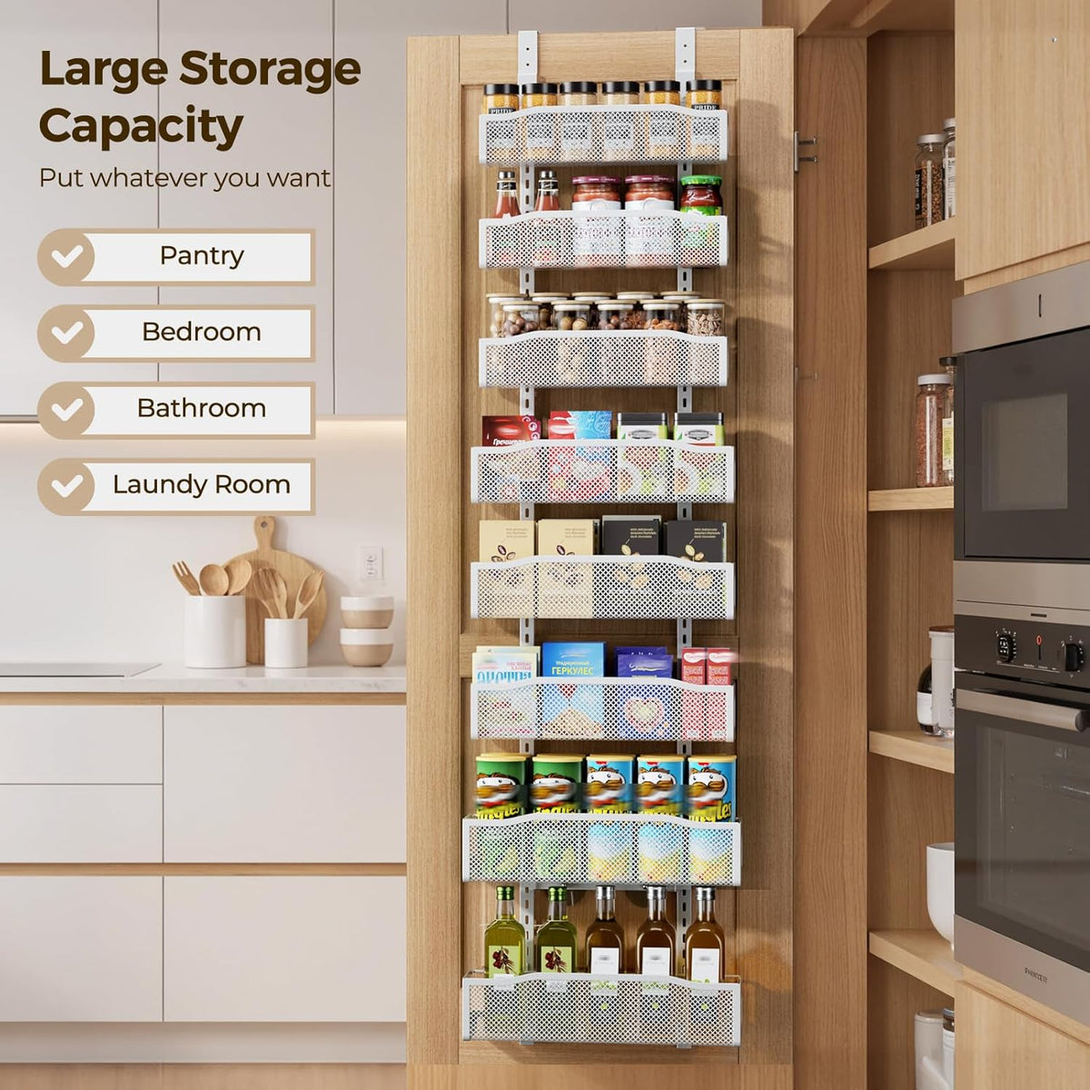 Delamu 8 Tier Over the Door Pantry Organizer, 2in1 Hanging or Wall Mount Spice Rack Seasoning, Adjustable Heavy-Duty Narrow Pantry Door Organizer and Storage for Kitchen Cabinet and Bathroom,12" White
