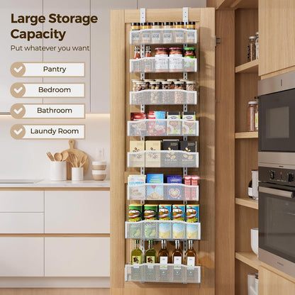 Delamu 8 Tier Over the Door Pantry Organizer, 2in1 Hanging or Wall Mount Spice Rack Seasoning, Adjustable Heavy-Duty Narrow Pantry Door Organizer and Storage for Kitchen Cabinet and Bathroom,12" White