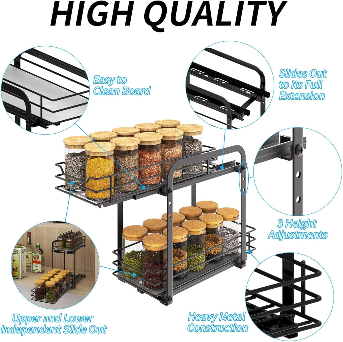 BOIVSHI 2-Tier Spice Rack, Pull Out Cabinet Organizer Spice Racks Height Adjustable Heavy Duty Metal Basket for Inside Cabinets & Pantry Closet(9.5''Wx10.5''Dx9.5''H)