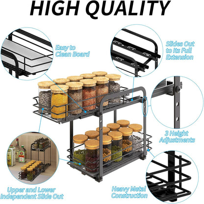 BOIVSHI 2-Tier Spice Rack, Pull Out Cabinet Organizer Spice Racks Height Adjustable Heavy Duty Metal Basket for Inside Cabinets & Pantry Closet(9.5''Wx10.5''Dx9.5''H)