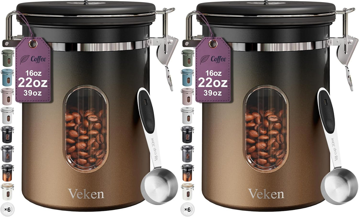 Veken Coffee Canister with Window, Family Choice Awards Winner, Airtight Stainless Steel Home Kitchen Food Storage Container with Lids for Grounds, Beans, Tea, Flour,Cereal,Sugar Jars,Scoop,16OZ,Black