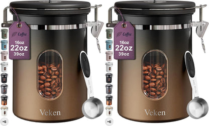 Veken Coffee Canister with Window, Family Choice Awards Winner, Airtight Stainless Steel Home Kitchen Food Storage Container with Lids for Grounds, Beans, Tea, Flour,Cereal,Sugar Jars,Scoop,16OZ,Black
