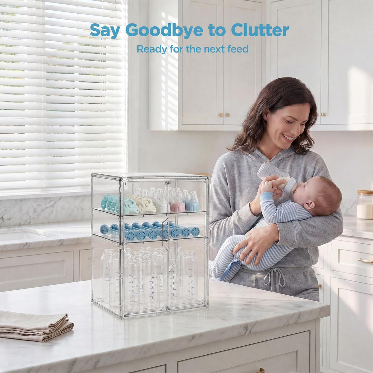 HBlife Baby Bottle Storage Organizer for Countertop Cabinet, 3 Tiers Adjustable Clear Acrylic Bottles Storage Station Case Box Container with 2 Removable Dividers and Magnetic Door, Large